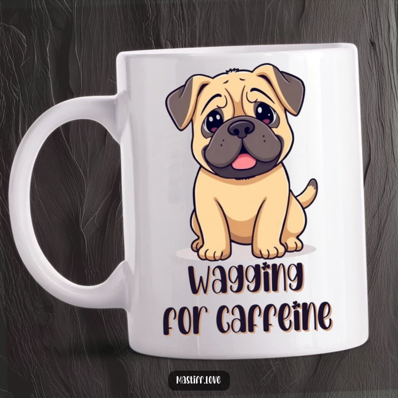 Funny kawaii mastiff mug, a cute dog with floppy ears, its tail wagging enthusiastically to show happiness.