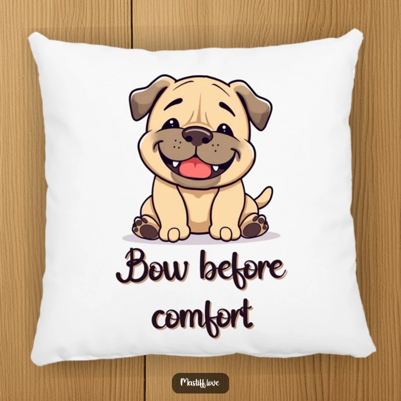 Funny Mastiff Pillow: A dog with a broad grin performs a playful bow, a soft and humorous addition to any room.