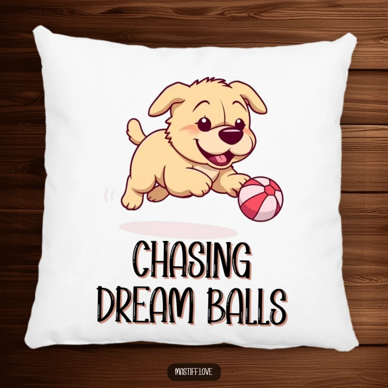 Funny mastiff pillow depicting a playful dog chasing a tiny bouncy ball, offering comfort and a humorous, action-packed design.