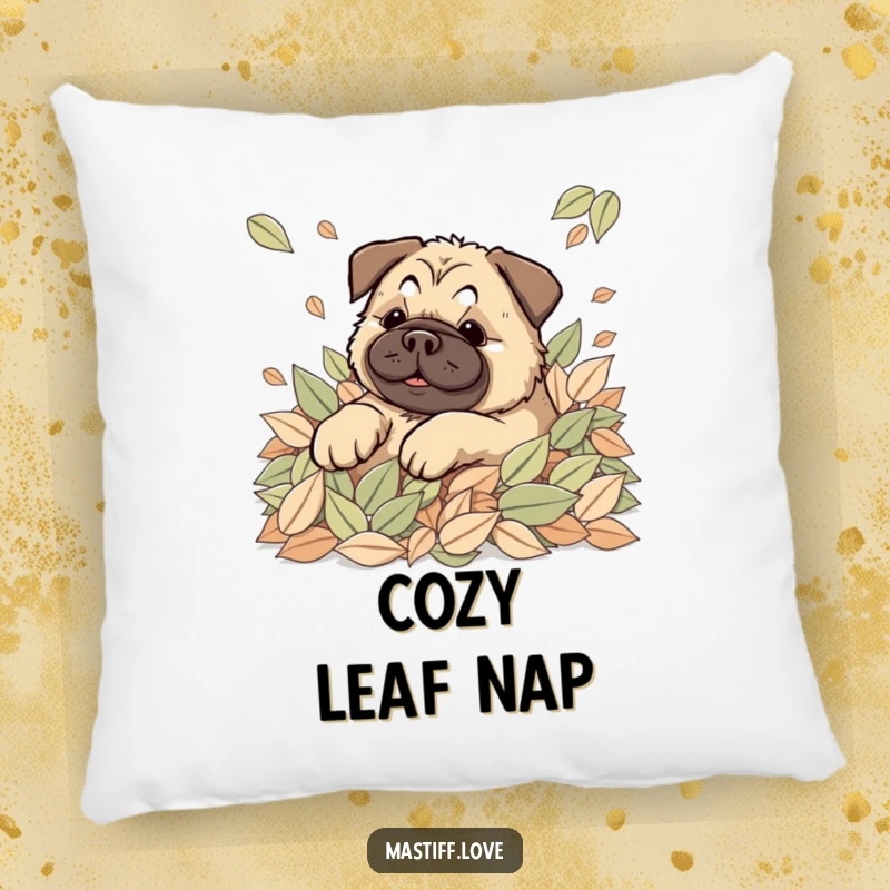 Happy Kawaii Mastiff Pillow with a cute dog joyfully rolling in soft leaves, offering comfort and autumn charm.