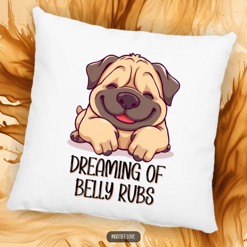 Funny Mastiff Pillow: A plush pillow showcasing a delighted mastiff rolling on its back, paws up, seeking delightful belly scratches.