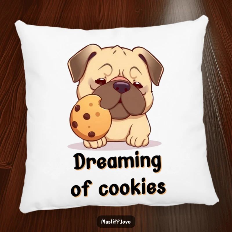 Funny kawaii mastiff pillow, a cute dog balancing a giant cookie on its nose, perfect for cozying up.