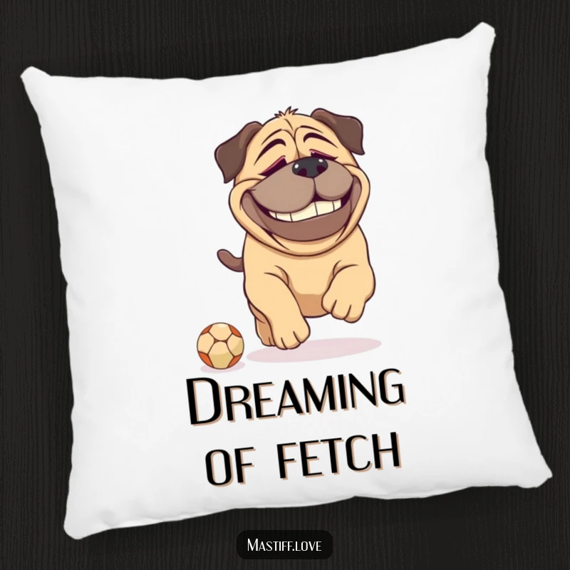 Funny Mastiff pillow with a dopey grin, depicting a large dog hilariously chasing a tiny ball, adding a touch of playful decor.