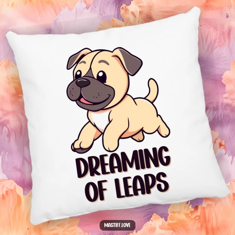 Funny pillow showcasing a content mastiff puppy mid-leap, its wagging tail a symbol of pure joy.