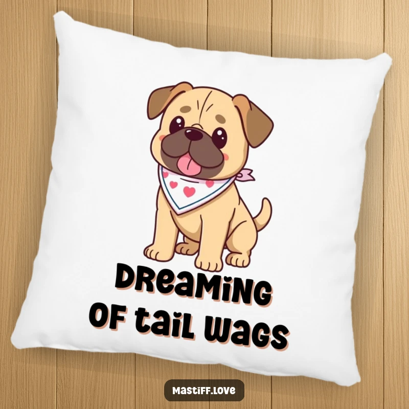 Funny kawaii mastiff pillow with a mastiff wearing a bandana and wagging its tail, providing comfort and adorable humor.