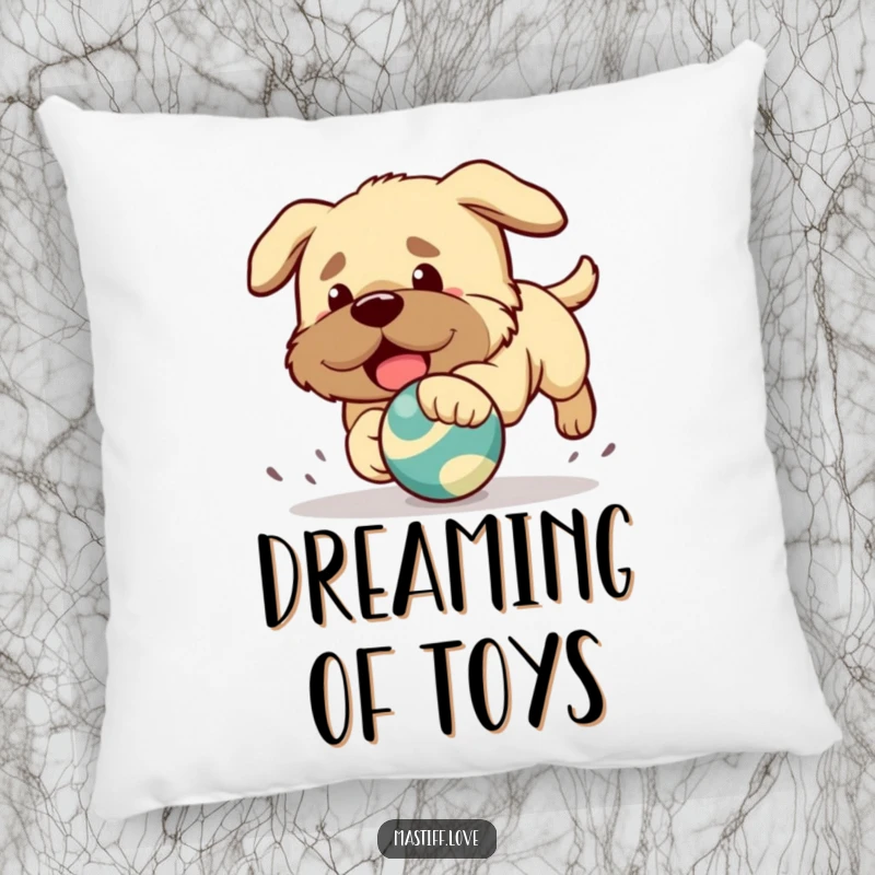 Funny pillow showcasing a cute Kawaii mastiff puppy playfully chasing a bouncing toy, full of adorable energy.