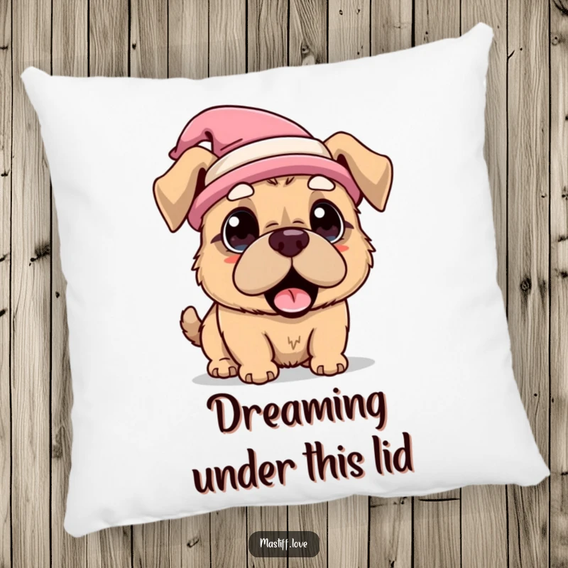 Funny Pillow adorned with a kawaii mastiff dog wearing a funny hat and looking delightfully surprised, bringing whimsy to any decor.