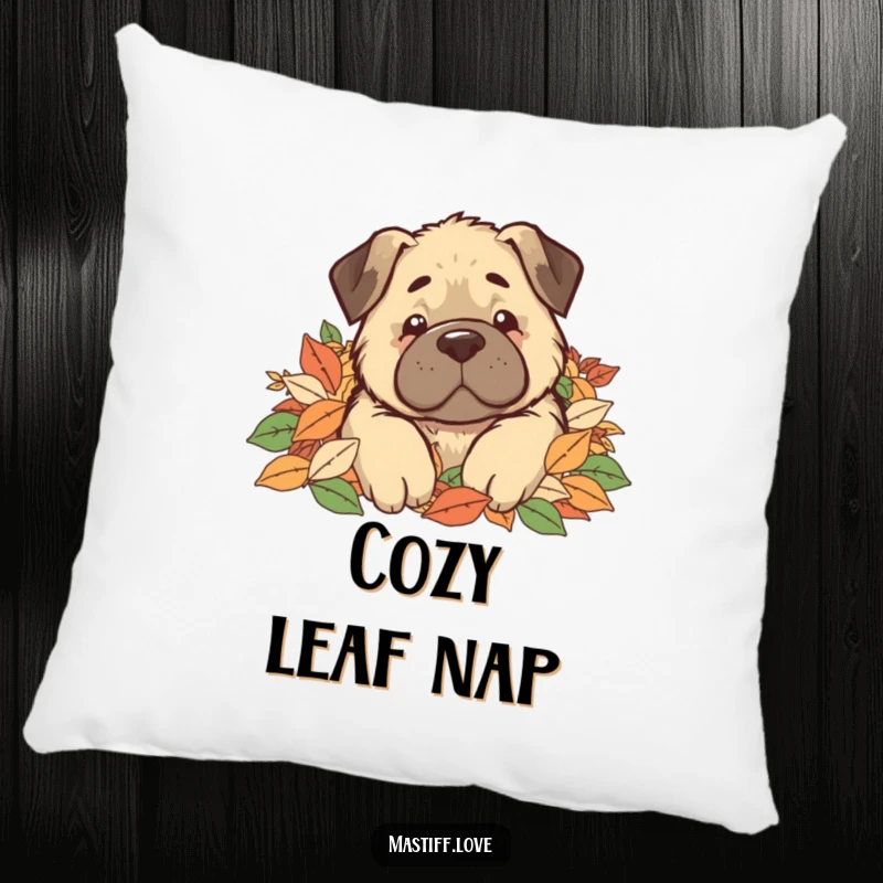 Funny Pillow designed with a kawaii mastiff dog comically buried under a mound of autumn leaves, looking endearingly lost.
