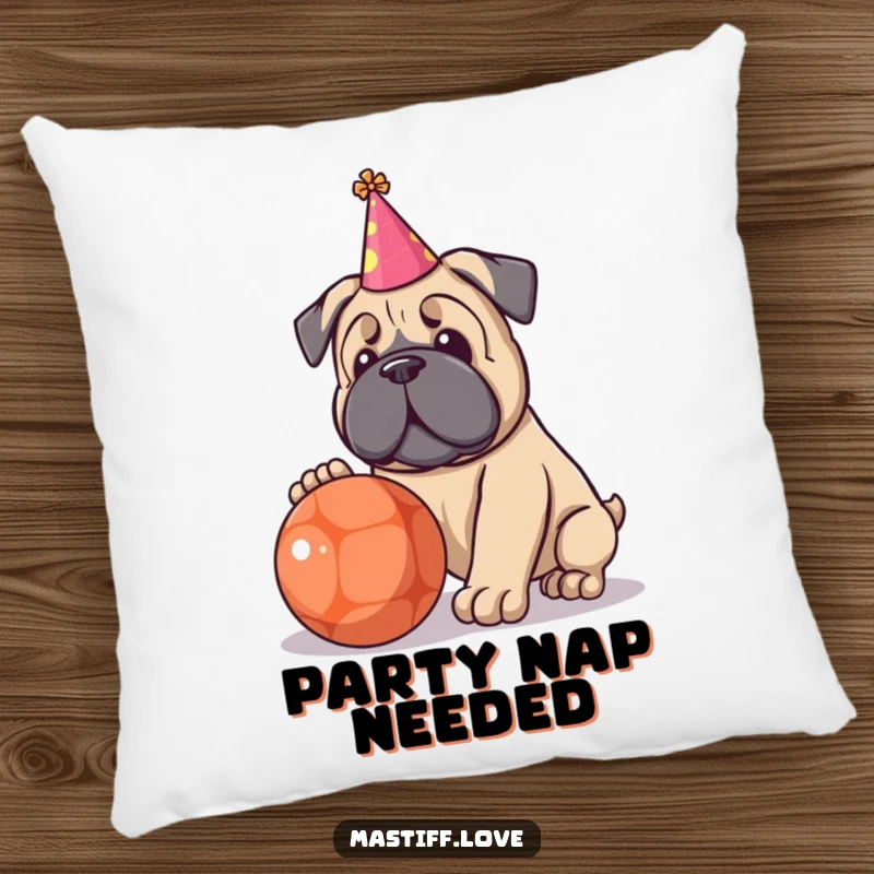 Funny pillow showing a kawaii Mastiff with a tiny party hat, enthusiastically playing with a large ball.