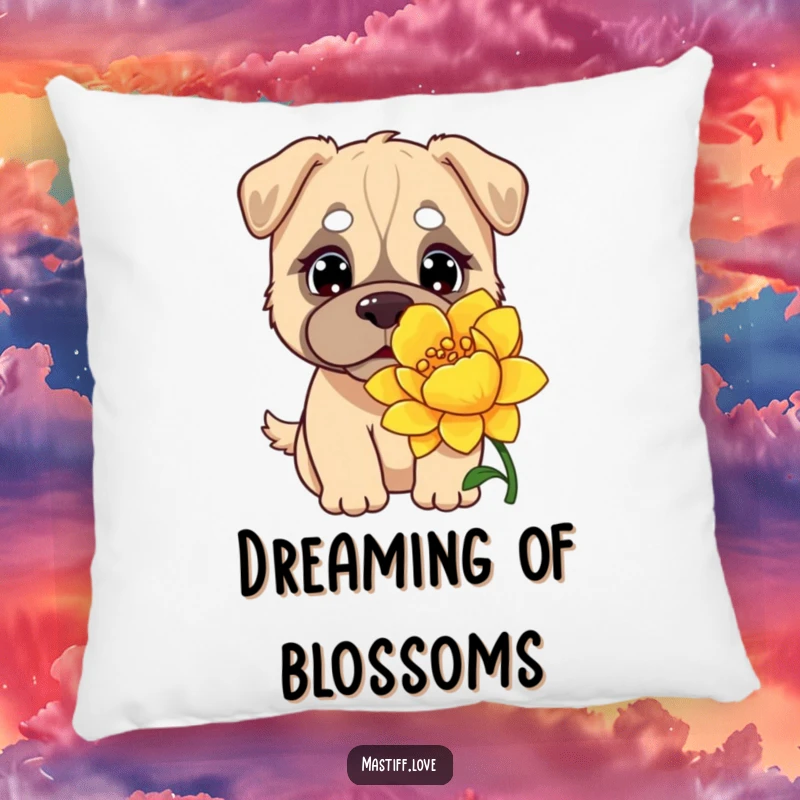 Funny Kawaii Mastiff Pillow: A sleepy-eyed, curious mastiff leaning in to sniff an improbably large and beautiful flower.