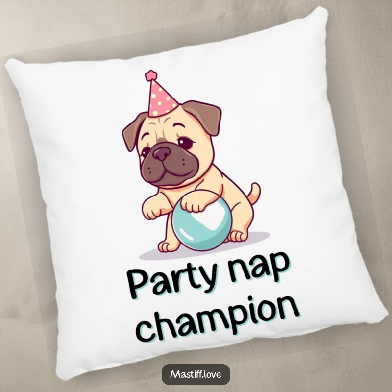 Funny kawaii mastiff pillow, a happy dog in a party hat ready to play with a large ball, soft and cuddly.