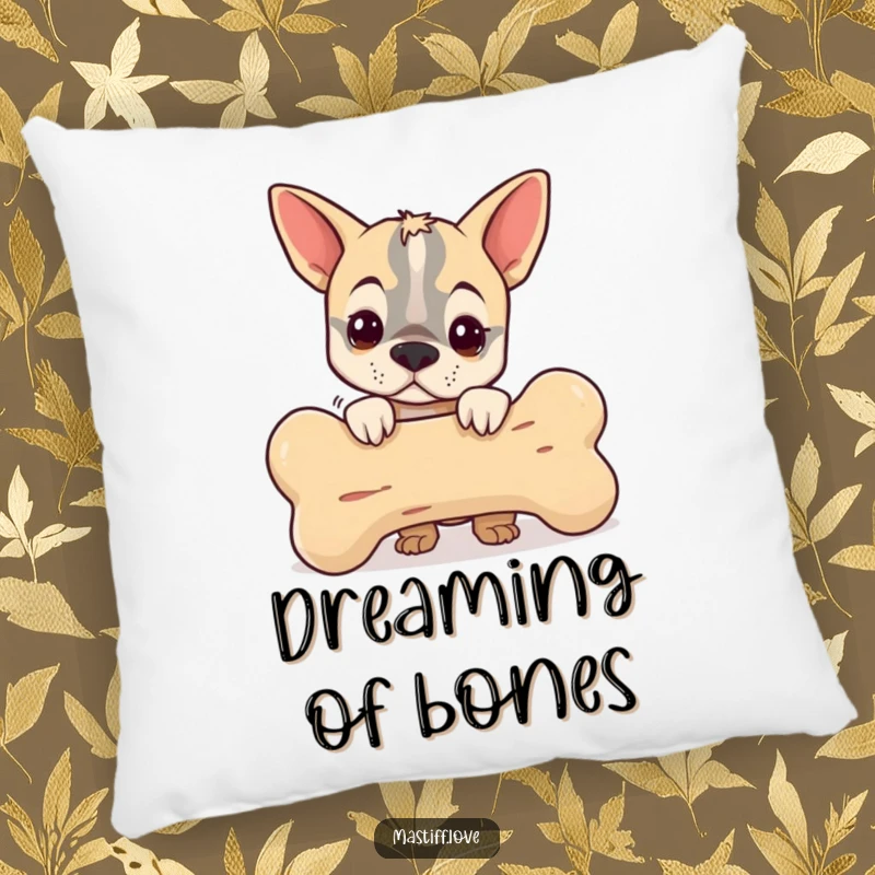 Funny pillow with a small mastiff peeking from behind a giant bone, offering humorous comfort and a playful decorative touch.