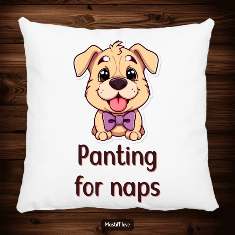 Funny mastiff pillow featuring a cute dog wearing a bowtie and panting happily, perfect for cozy, stylish decor.