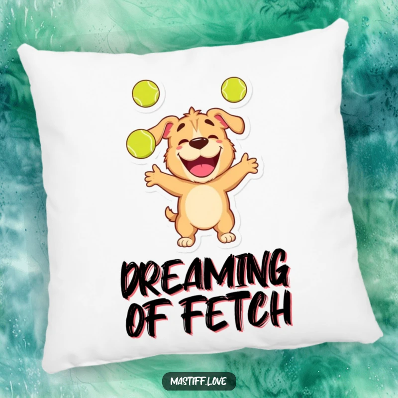 Funny pillow featuring a happy mastiff character joyfully juggling three tennis balls with a look of delight.