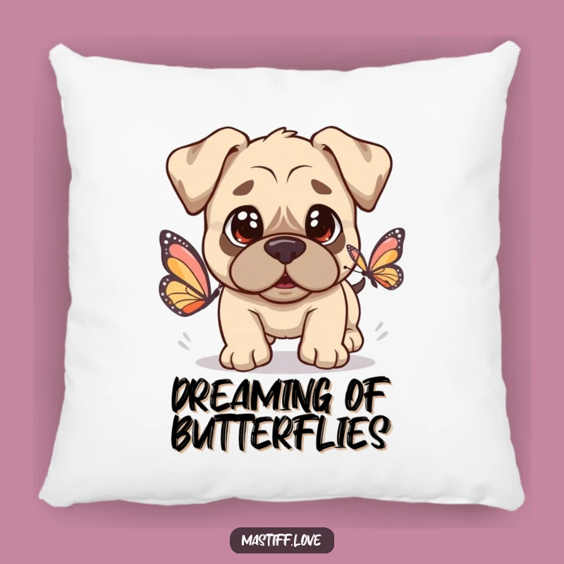 Kawaii Mastiff Butterfly Pillow: Soft Innocent Dog Chasing Butterfly, Cozy Funny Gift
