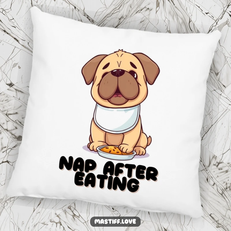 Hungry Kawaii Mastiff Pillow with a cute dog in a tiny bib, looking excitedly at food, offering softness and charm.