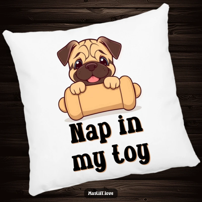 Funny mastiff puppy pillow featuring a joyful puppy peeking from a large chew toy, perfect for cozy, cute decor.