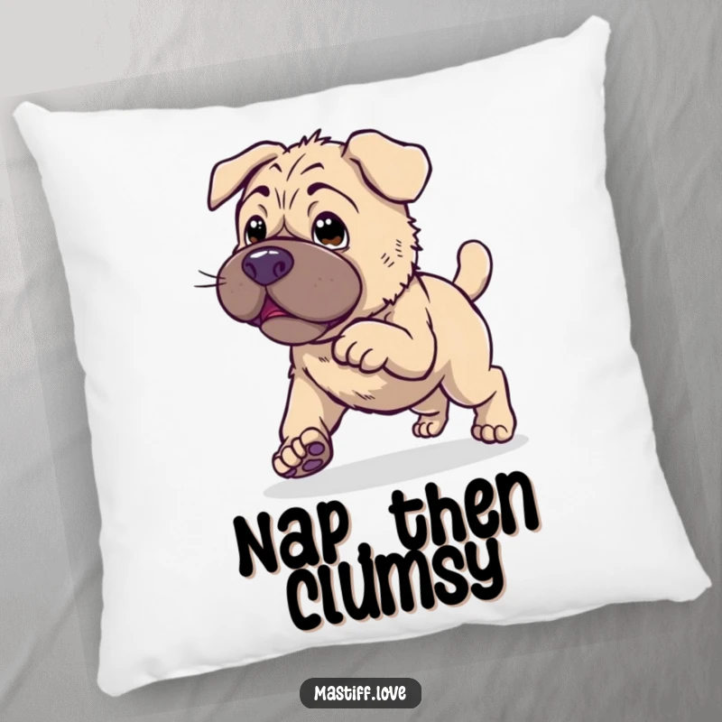Clumsy Kawaii Mastiff Pillow with a cute dog endearingly attempting to hop, offering comfort and laughter.