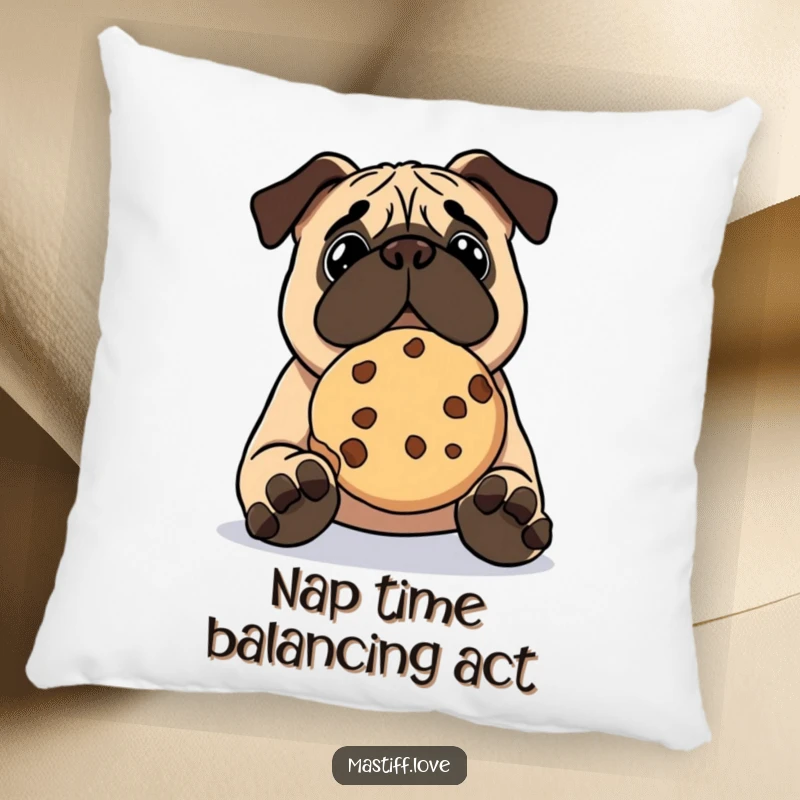 Funny kawaii mastiff pillow, a cute dog focused on balancing a big cookie on its nose, soft and humorous decor.