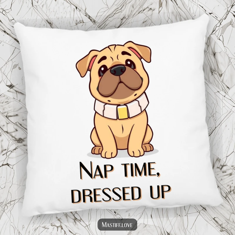 Funny Mastiff Pillow: A dog looks endearingly clumsy in an oversized collar, a soft and humorous addition to any home.