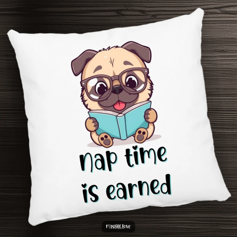 Funny Mastiff Pillow: A delighted dog in spectacles reading a book, a soft and humorous accent for any couch.