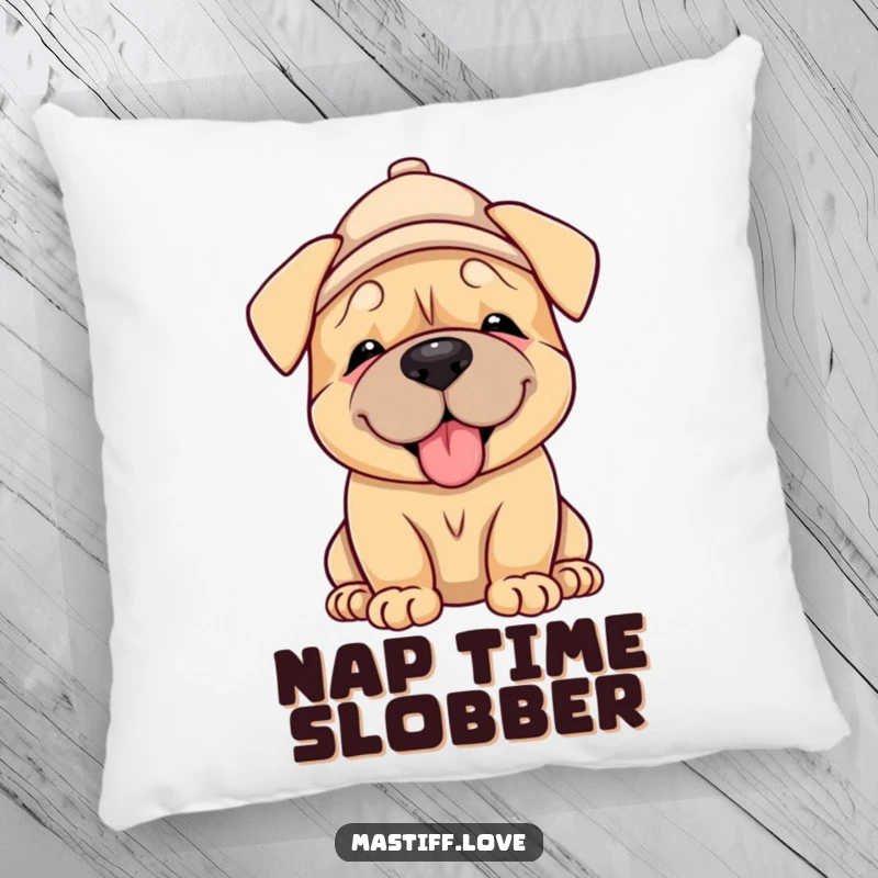 Funny Mastiff Puppy Pillow: a smiling mastiff puppy in a hat, giving a lick, providing soft comfort and a cheerful accent.
