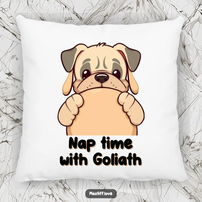 Funny kawaii mastiff dog peeking from behind a giant dog toy on a plush throw pillow, offering comfort and humor.