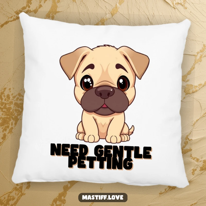 Funny Mastiff puppy pillow showing a cute dog tilting its head with curious, pleading eyes, perfect for adding cute decor.