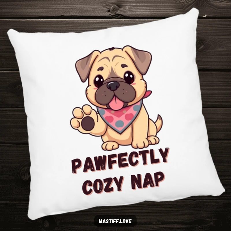 Funny kawaii mastiff pillow, a cute dog with a bandana offering its paw, soft and comforting decor.