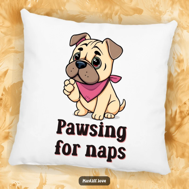 Funny kawaii mastiff pillow, a cute dog in a bandana offering its paw, perfect for a friendly hug.