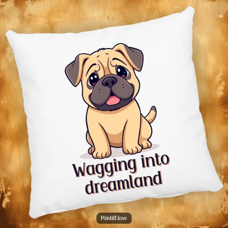 Funny kawaii mastiff pillow, a cute dog with floppy ears and a wagging tail, perfect for cozying up.