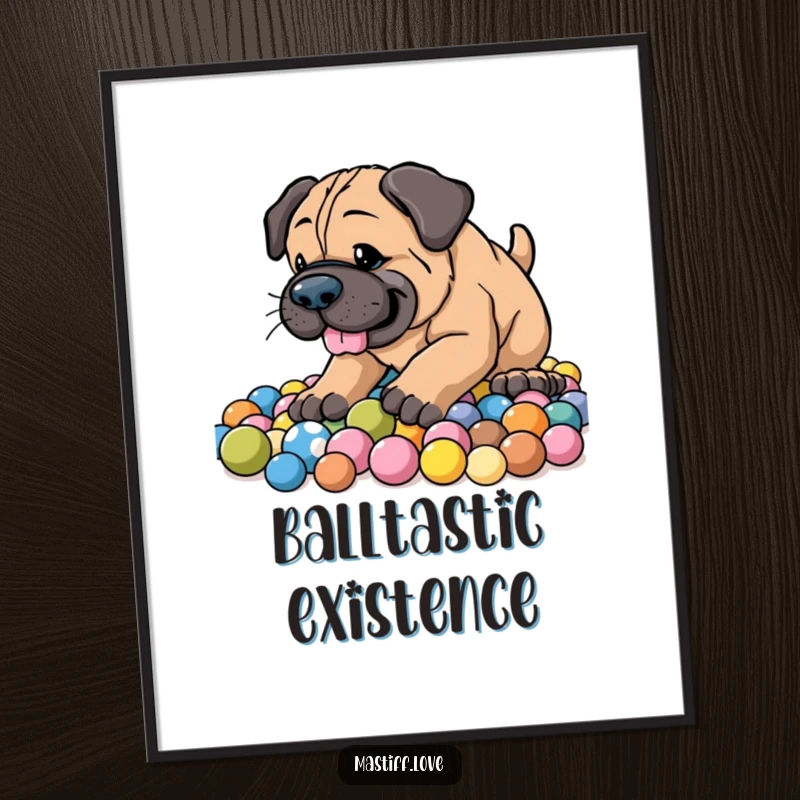 Funny Energetic Mastiff Digital Art Print of an enthusiastic dog digging joyfully in a pile of colorful balls with a happy, playful expression.