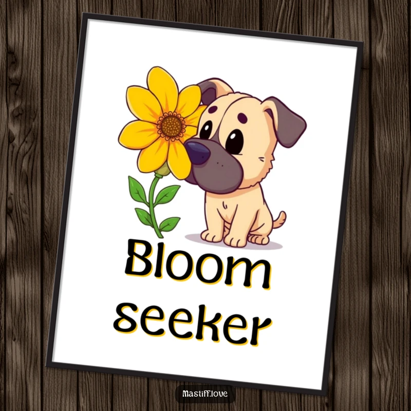 Funny curious mastiff, sniffing a large, brightly colored flower, charming digital art print, perfect funny gift.