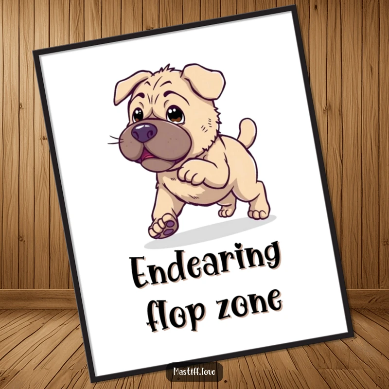 Clumsy Kawaii Mastiff Digital Art Print of a cute dog endearingly trying to hop, for instant humorous decor.