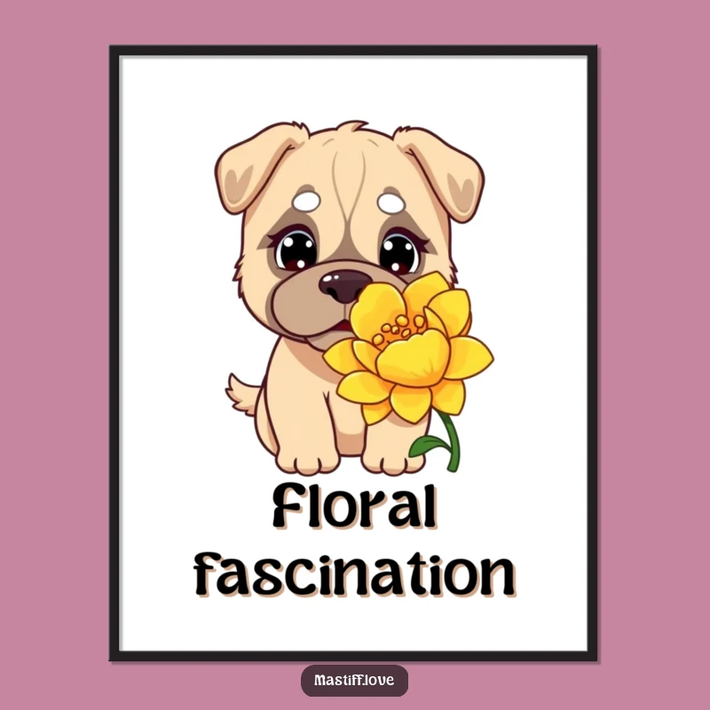Funny Kawaii Mastiff Digital Art: Curious Flower Sniffer, Instant Humorous Decor Gift