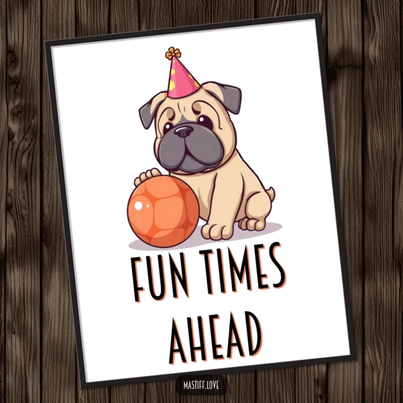 Funny digital art print of a kawaii Mastiff wearing a small party hat, joyfully playing with a large ball.