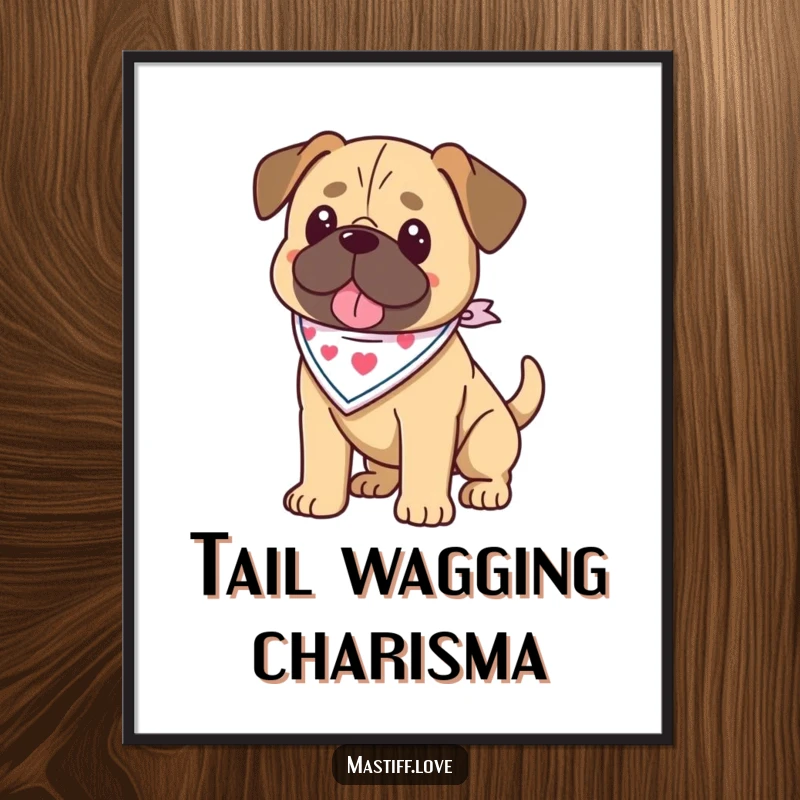 Funny kawaii mastiff digital art print featuring a mastiff wearing a bandana and wagging its tail, perfect for stylish and humorous decor.