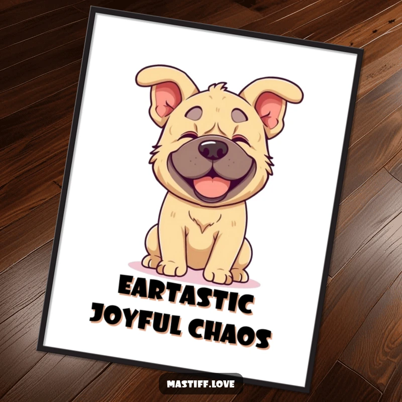 Funny kawaii mastiff digital art print featuring a mastiff joyfully shaking its head, its floppy ears flying, perfect for humorous decor.