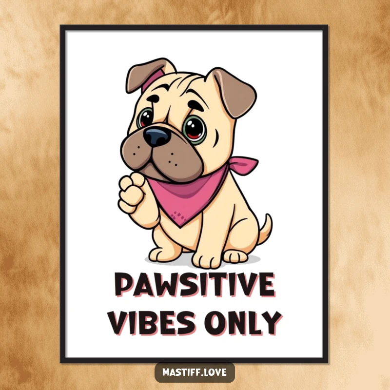 Funny kawaii mastiff paw digital art print, a cute dog in a bandana offering its paw, symbolizing trust and kindness.