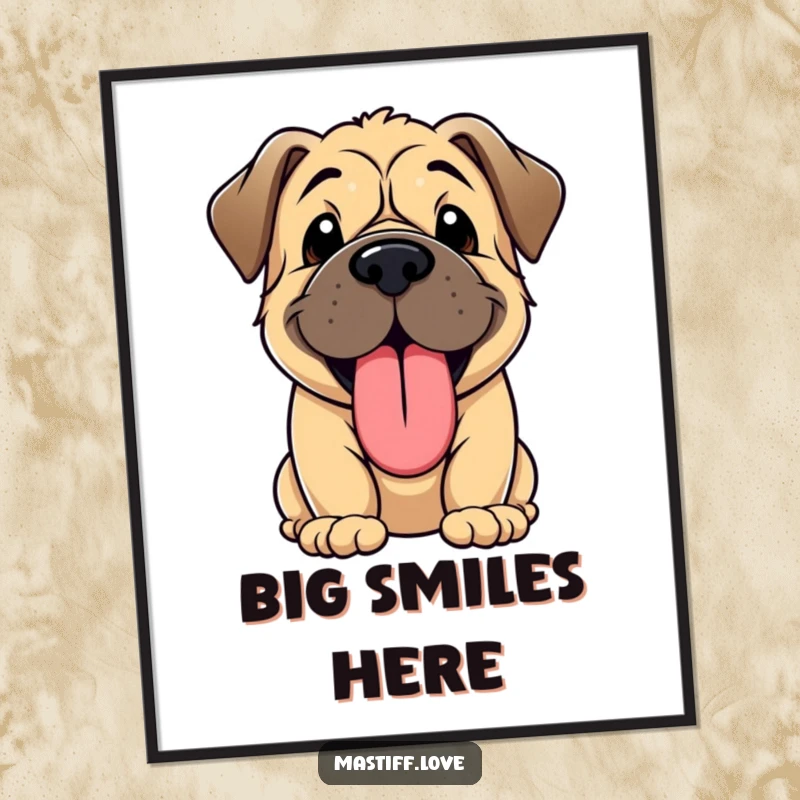 Funny digital art print of a kawaii Mastiff puppy character panting enthusiastically with a large, joyful tongue.