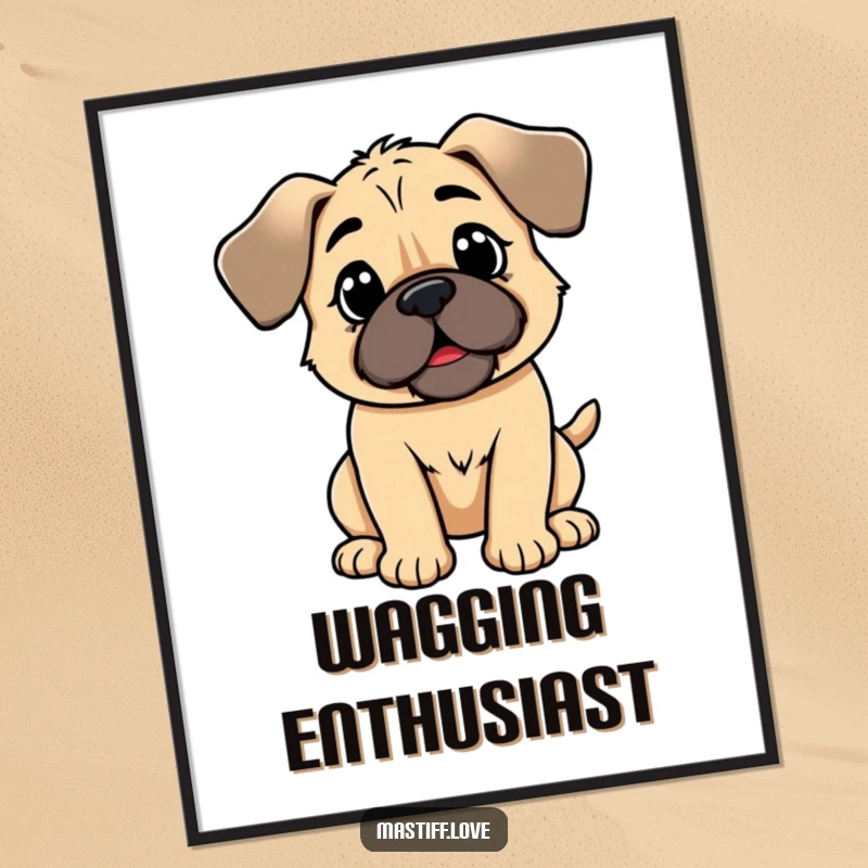 Funny kawaii mastiff digital art print, a cute dog with floppy ears wagging its tail with pure, unbridled joy.
