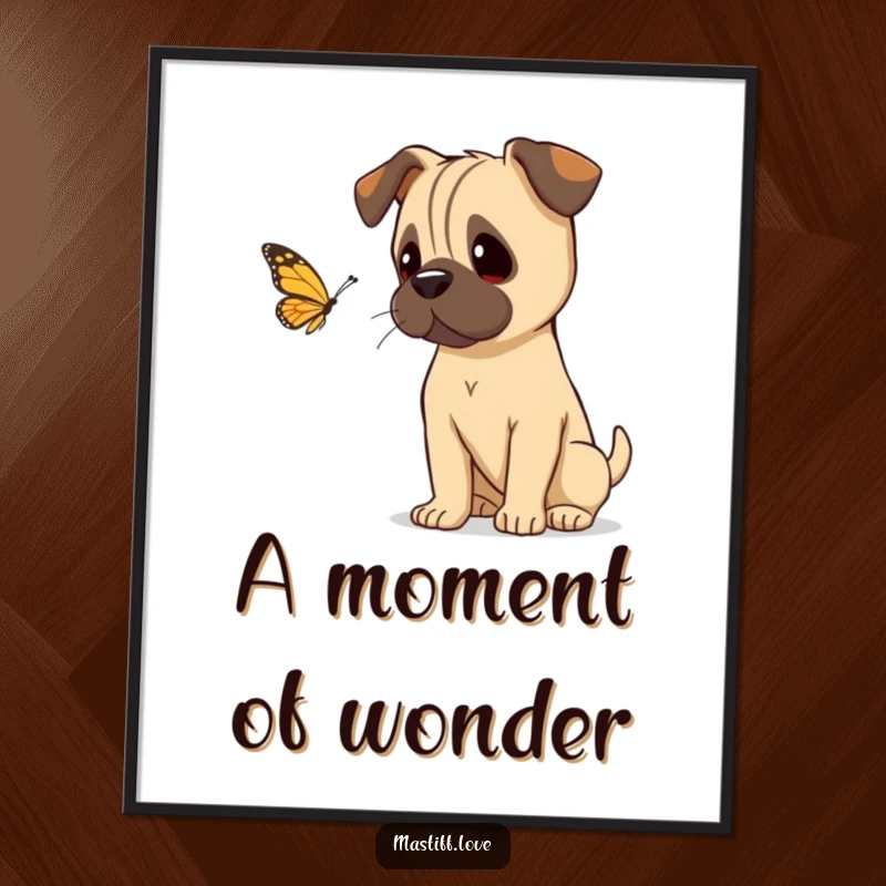 Funny mastiff tilting its head curiously, watching a butterfly, available as a digital print for instant, peaceful home decor.