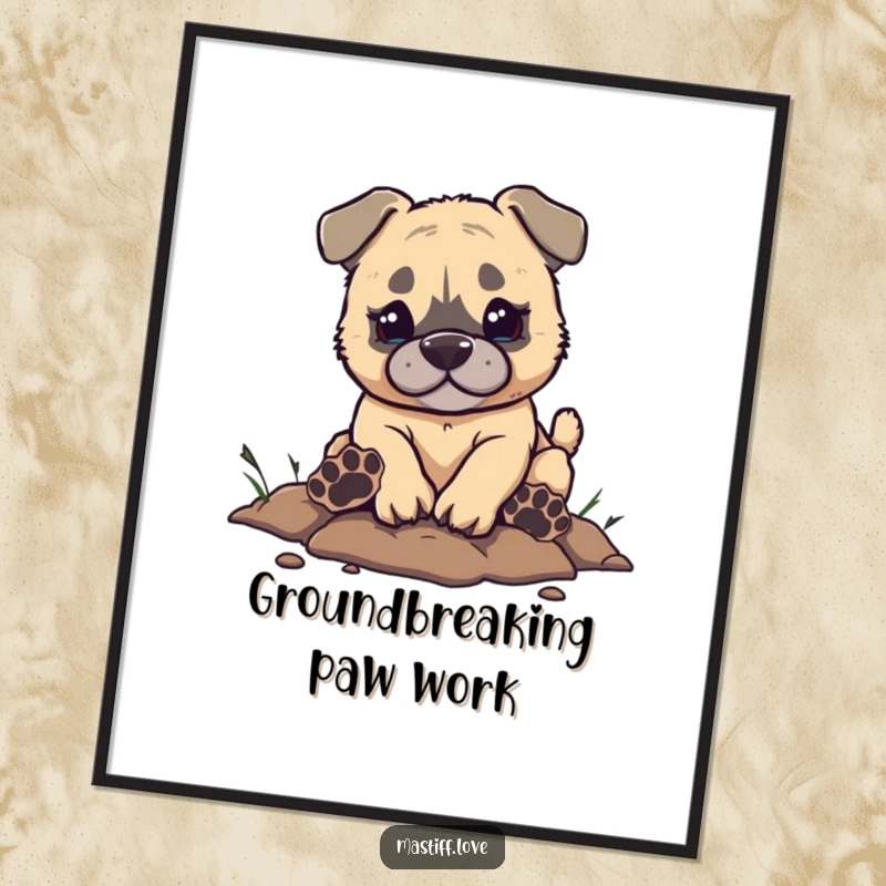 Funny Mastiff Digital Art Print featuring a small mastiff puppy digging with huge paw prints, radiating humorous energy and puppy antics.