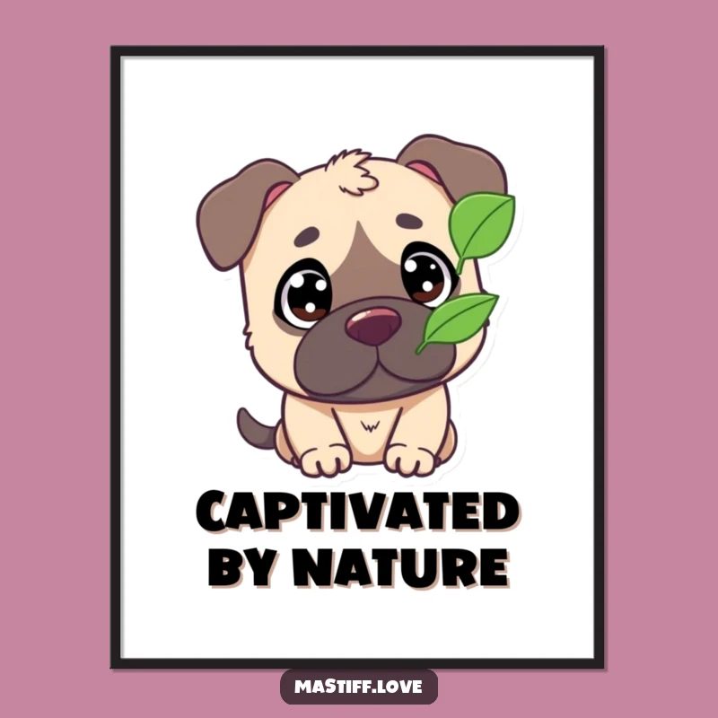 Funny Mastiff Digital Art: Cute Wide-Eyed Leaf Watching Print