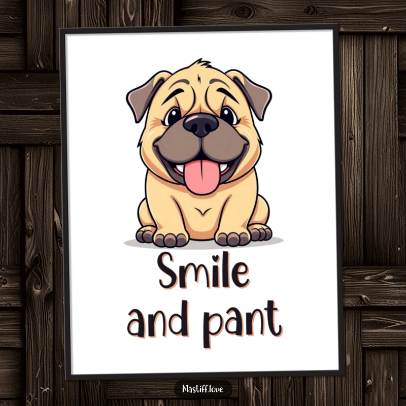 Funny mastiff digital art print of a large, cuddly dog with a goofy smile, panting happily, offering instant, humorous, and heartwarming decor.