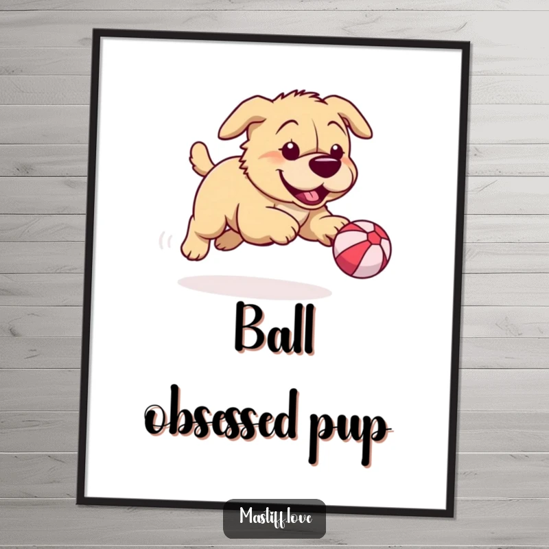 Funny mastiff digital art print of a playful dog chasing a comically small bouncy ball, offering instant, humorous, and energetic decor.