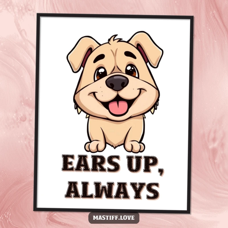 Funny digital art of a smiling mastiff dog with its ears perked alertly upwards, full of palpable excitement.