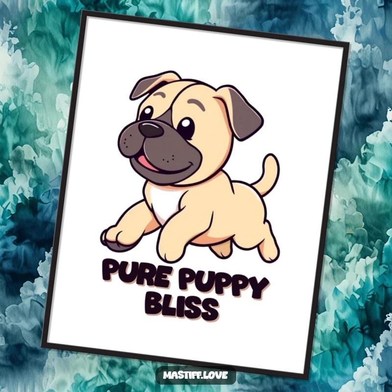 Funny digital art of a cute mastiff puppy leaping joyfully, its tail wagging furiously, full of happy energy.