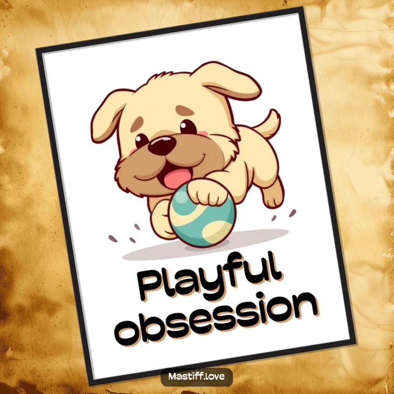 Funny digital art of a cute Kawaii mastiff puppy playfully chasing a brightly colored bouncing toy with enthusiasm.