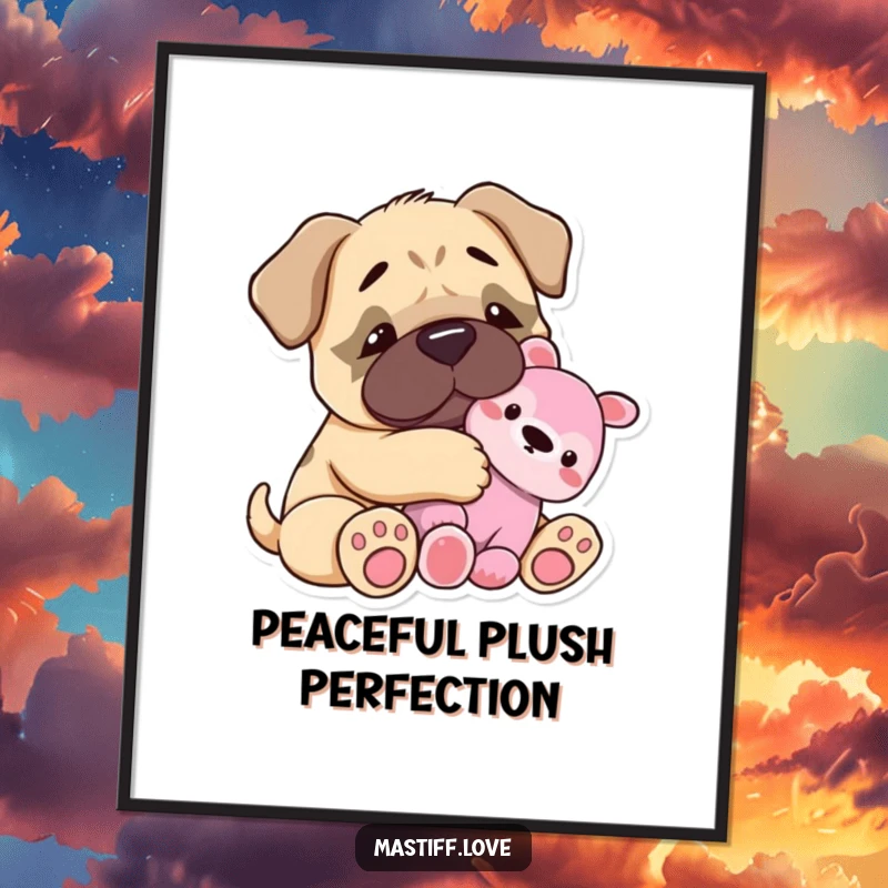 Funny Digital Art: A tiny mastiff happily snuggles with a plush toy. A downloadable, heartwarming artwork for pure joy.